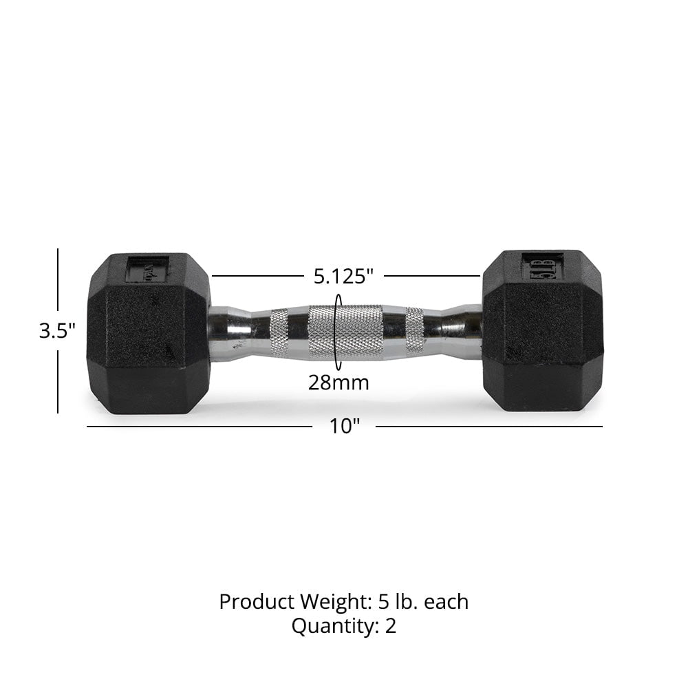 Titan Fitness 5 LB Pair Rubber Coated Hex Dumbbells, Roll-Resistant Hexagonal Free Weights, Chrome-Coated Handles with Knurling, Strength Training Equipment