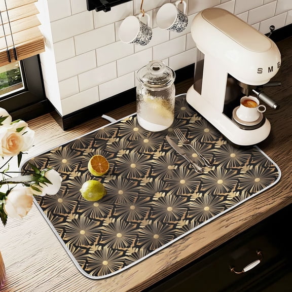 Yayeee Dish Drying Mat for Kitchen Counter 16" x 18" Microfiber Super Absorbent Coffee Decorative Pad, Black Floral Pattern