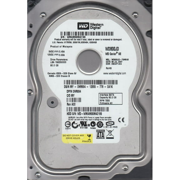 WD800JD-75MSA3, DCM HBCAYTJEA, Western Digital 80GB SATA 3.5 Hard Drive