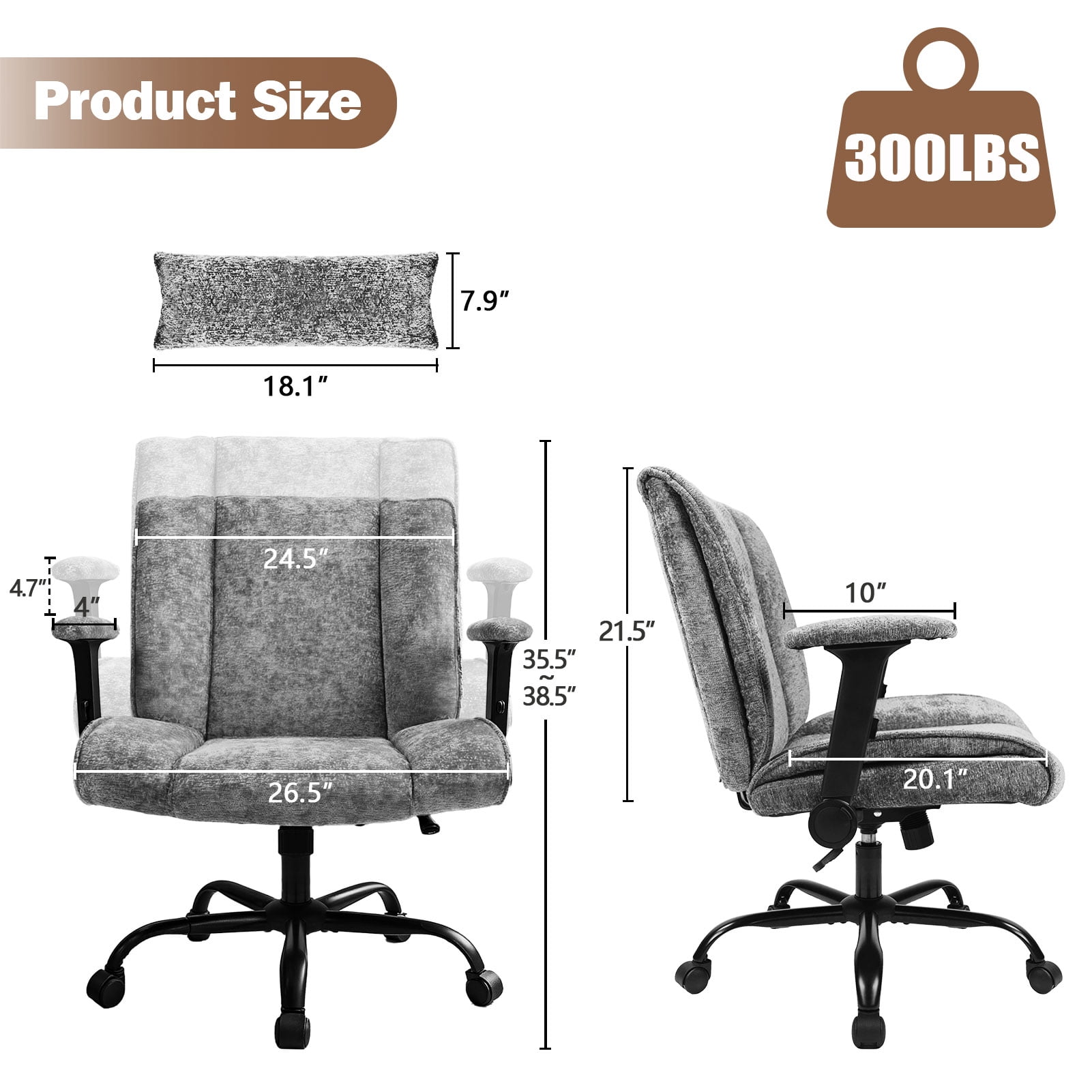 zzw Chenille Home Office Criss Cross Chair with Flip Arms, Lumbar Support and Wheels, Gray