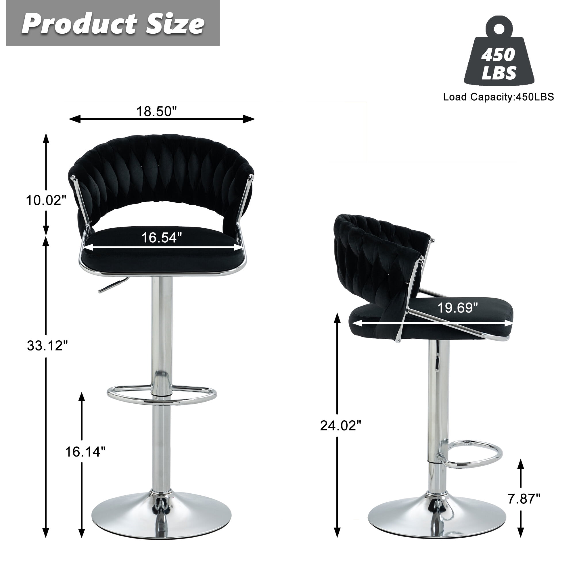 UIXE Velvet Black Bar Stools Set of 2 Modern High Back Swivel Barstool for Kitchen Counter Square Island