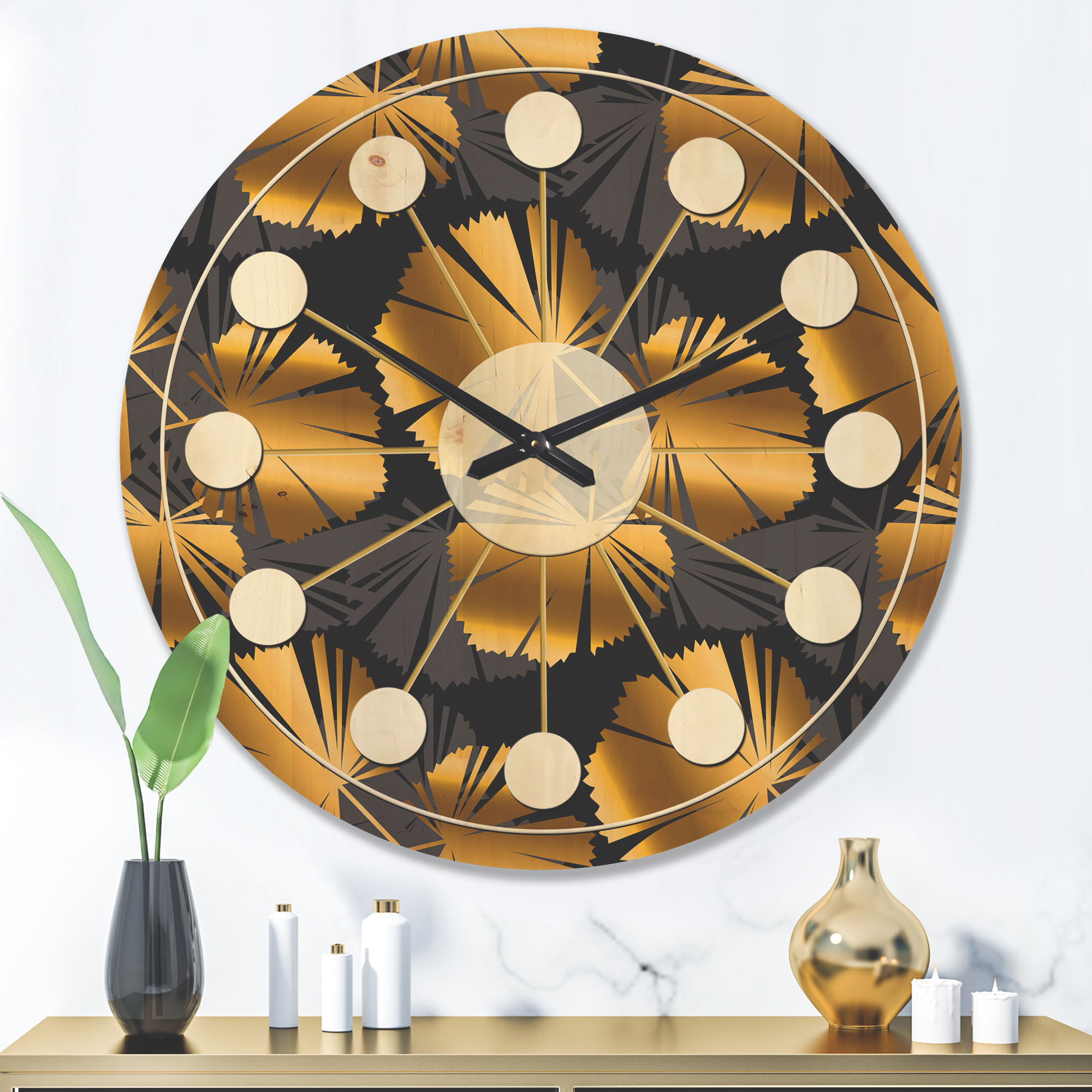 Designart 'Palm Golden Leaves III' Mid-Century Modern Wood Wall Clock