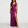 thumbnail image 4 of SAWOBUUN Womens Satin High Slit Maxi Dress Sleeveless V Neck Ruched Bodycon Long Dress for Evening Party Prom Wedding Guest, 4 of 9