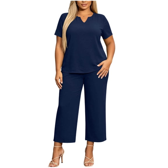 Gytharion 2 Piece Plus Size Sets for Women Summer Casual Outfits Soild Color V Neck T-shirts and Loose Long Pants