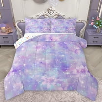 Feelyou Purple Flower Floral Bedding Comforter Set for Kids, Mystic Stars Print Twin Comforter Sets, Cartoon Starry Sky Reversible Bedding Set, Super Cozy Room Decor, 2pcs