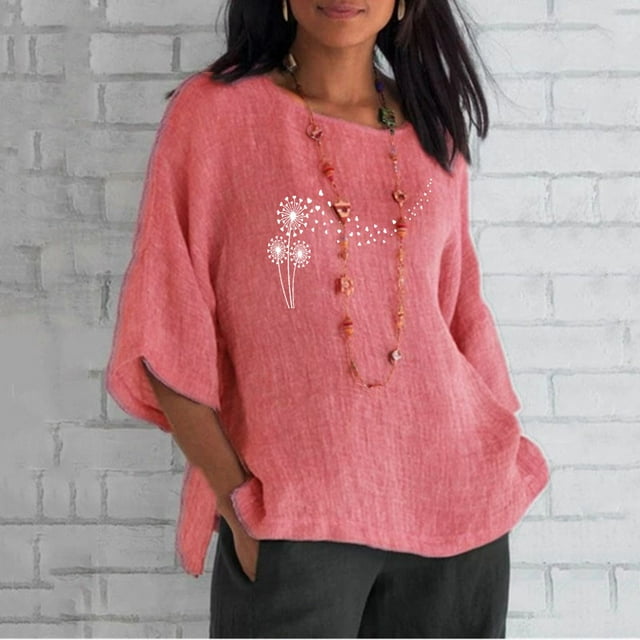 Hauts d'Été pour Femmes 2023 Femmes Aguichant Imprimé Régulier Bouton Col Rond Manches Trois Quarts Haut Bohème Grande Taille T-Shirt pour Femmes