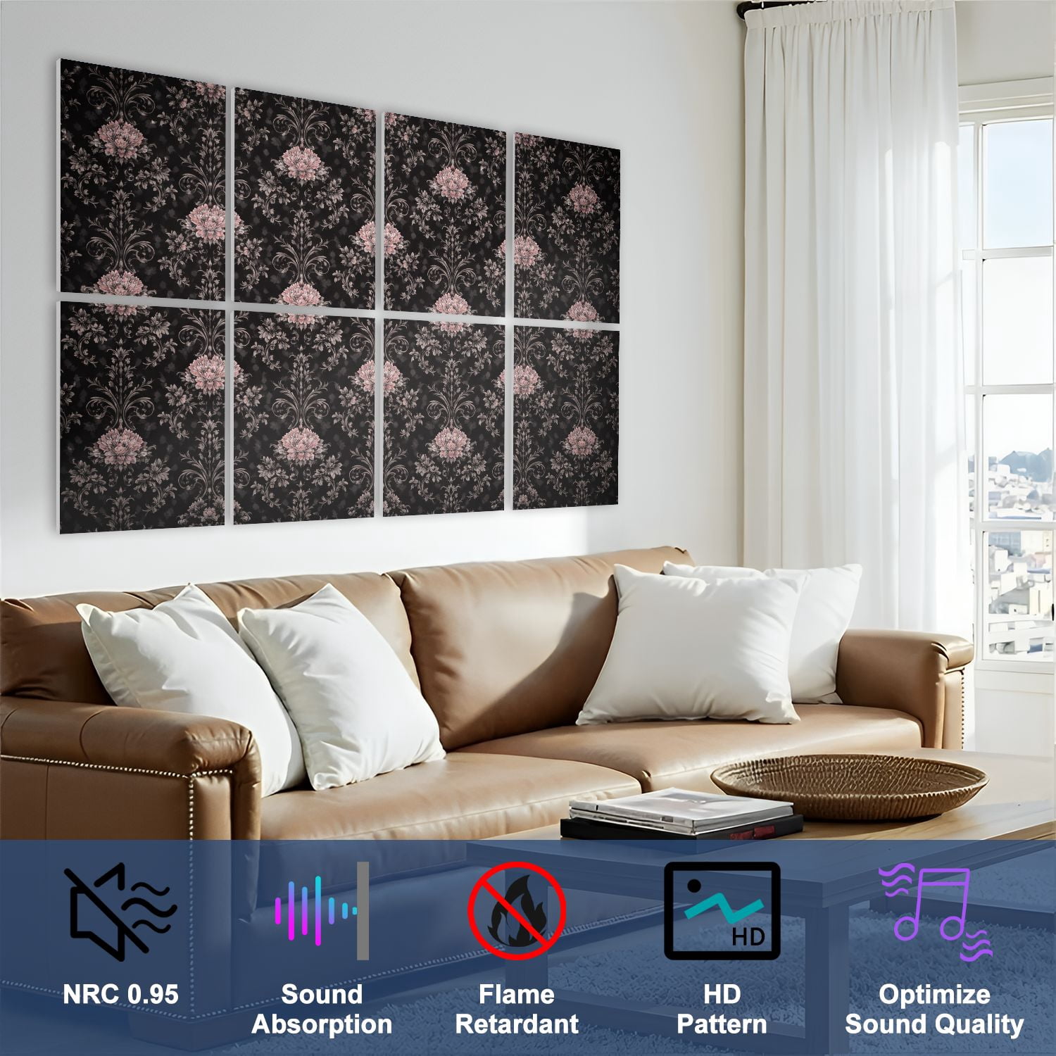 8 Pack Art Acoustic Panels Sound Absorbing black vicorian retro floral texture Decorative Soundproof Wall Panels Self Adhesive for Nursery Game Room Bedroom 48"x32"