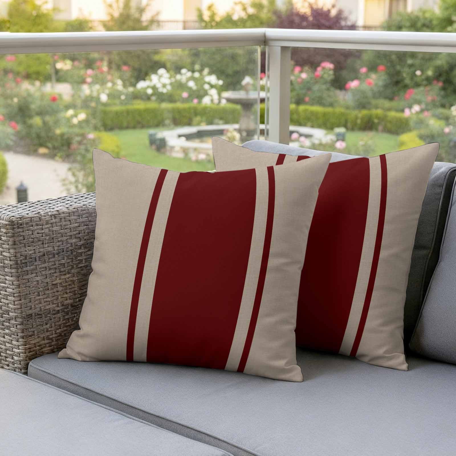 Outdoor Pillow Covers Waterproof, Simpler Red Line Decorative Square Throw Pillowcases Patio Cushion Covers for Tent/Garden, 16" x 16" 2 Pack, Farmhouse Red Striped Abstract