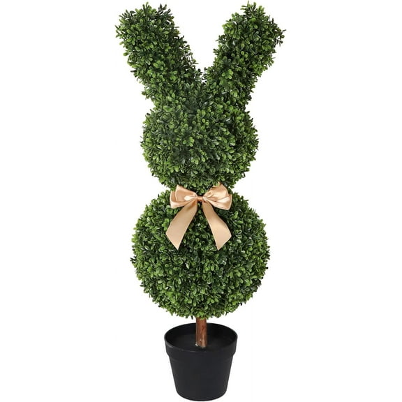 Artificial Bunny-Shaped Topiary Tree 35'' UV-Resistant Faux Boxwood Topiary Plant for Porch Decor Easter Decorations