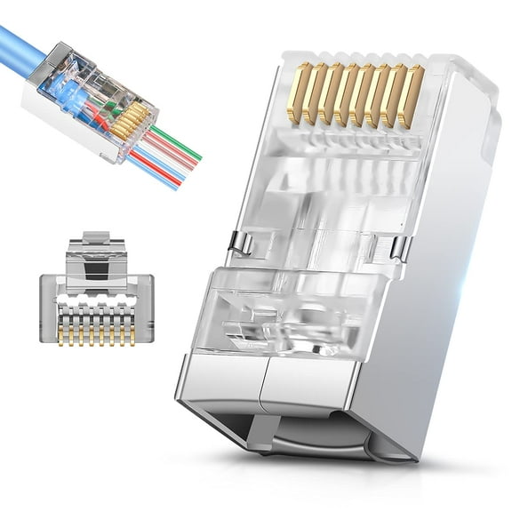 Shielded RJ45 Cat6 Cat6A Pass Through Connectors - 3 Prong 8P8C Gold Plated Ethernet Ends for FTP/STP Network Cable &