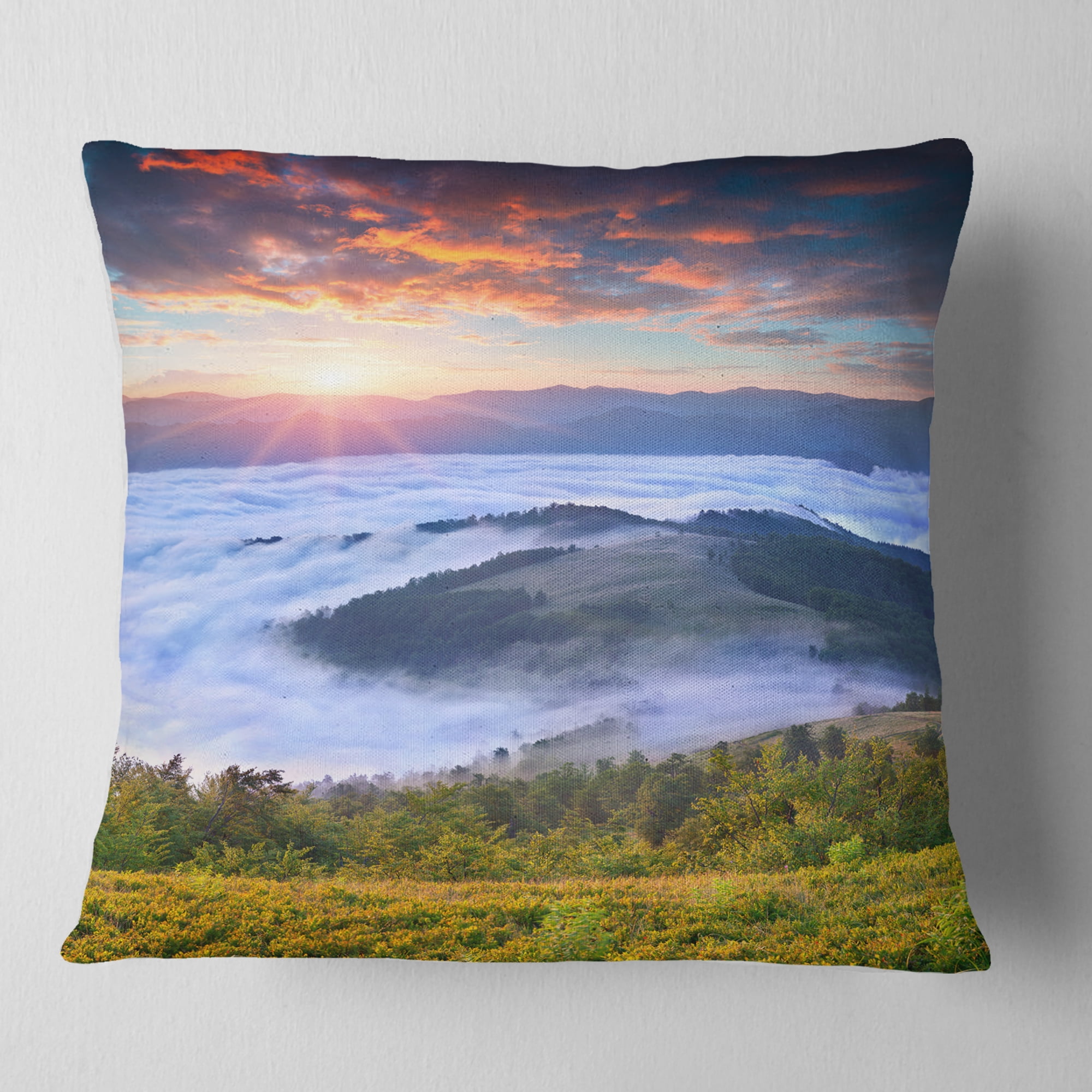 Designart Colorful Sunrise Over Foggy Waters - Landscape Photography Throw Pillow - 16x16