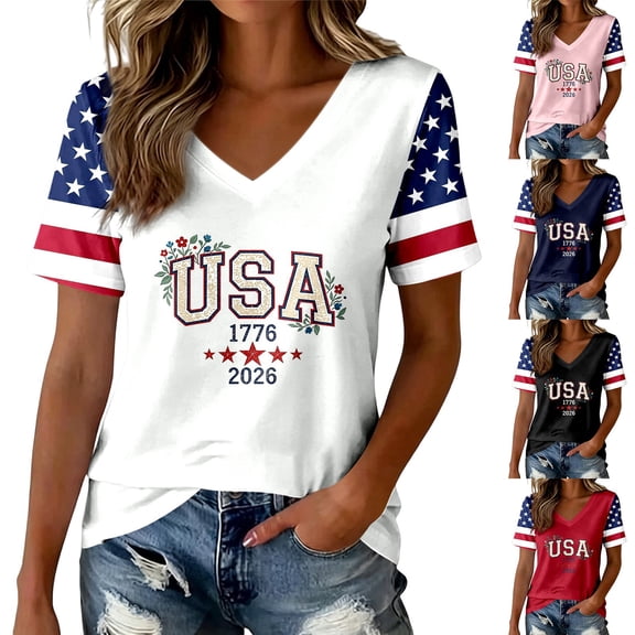 Women's 4th of July Shirt 2026 USA 250th Anniversary 1776-2026 Patriotic V Neck T Shirt for Everyday Wear