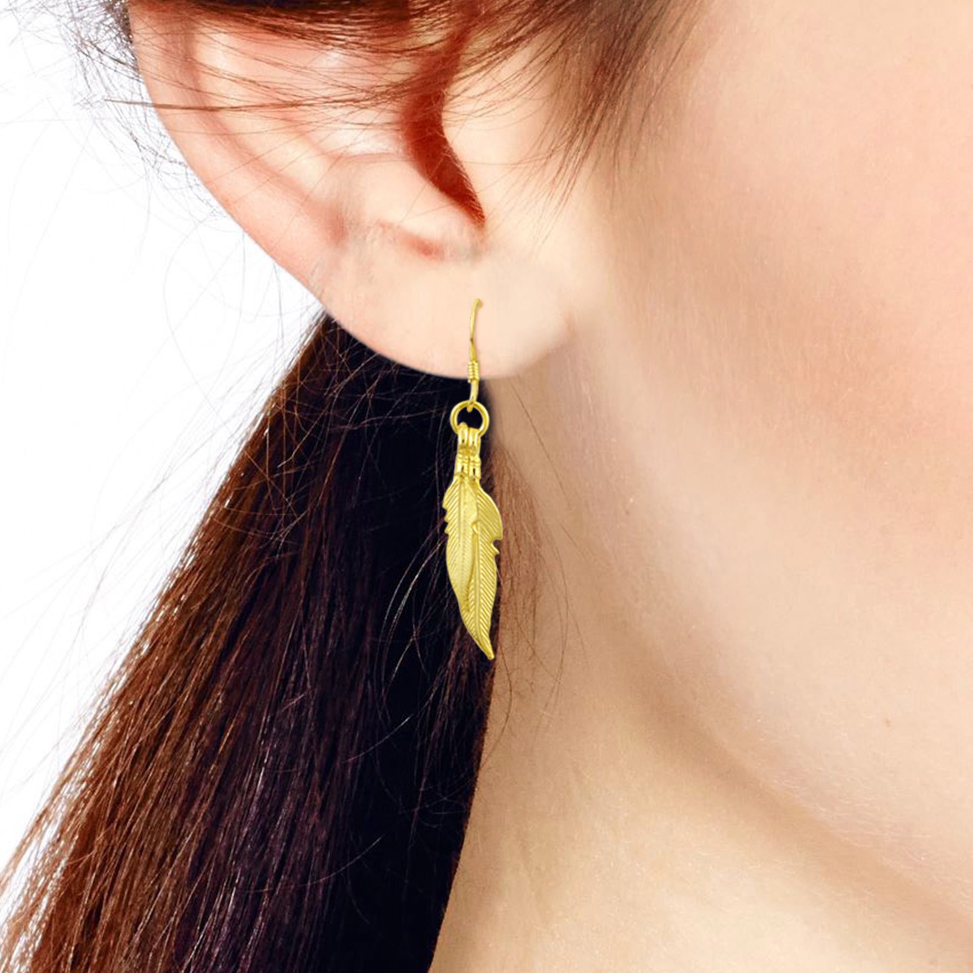 Amazing Double Feather Gold-Plated Sterling Silver Dangle Earrings
