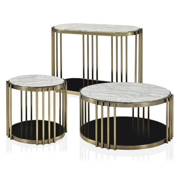 Furniture of America Kual Contemporary Metal 3-Piece Coffee Table Set in Brass