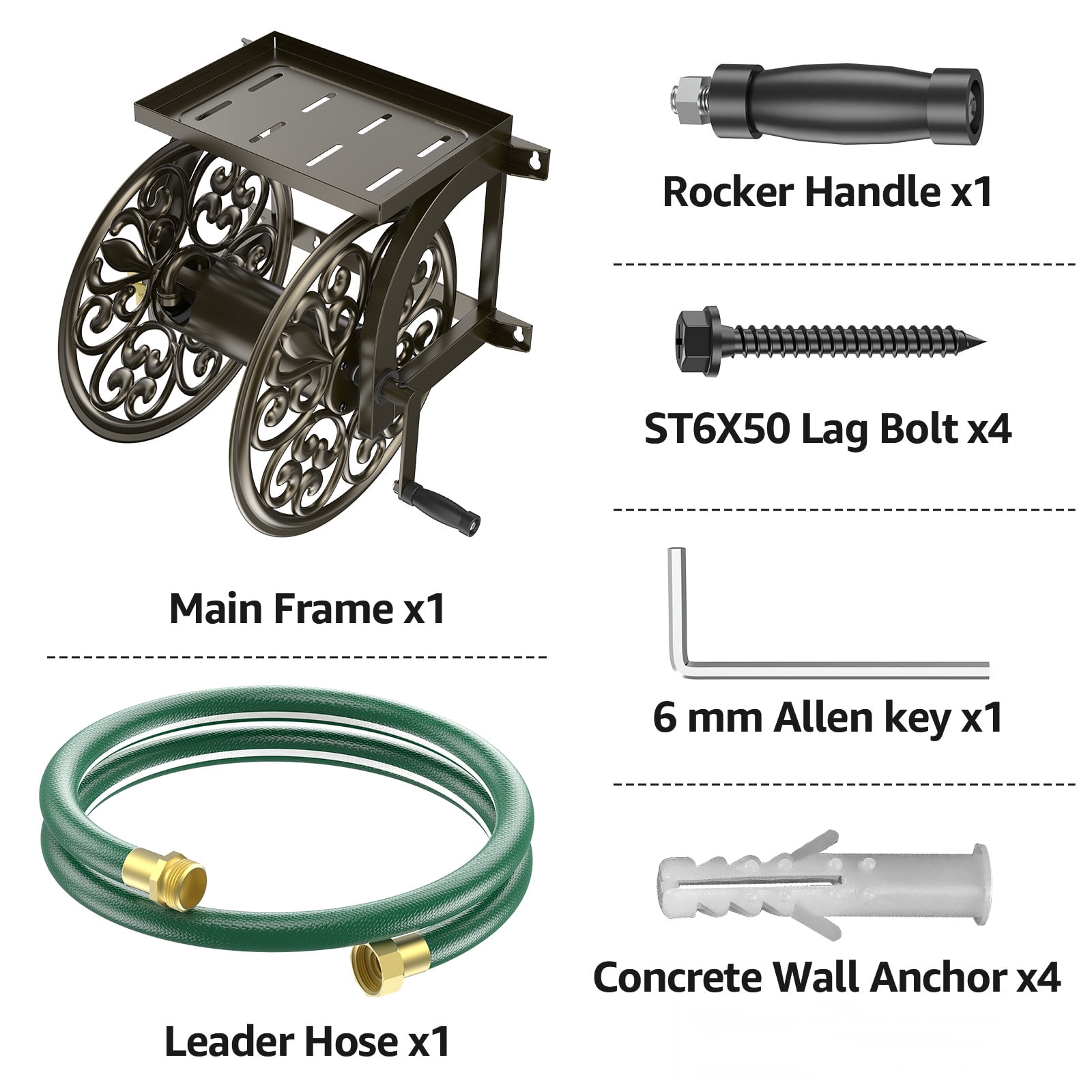 Outlandpro Metal Decorative Garden Hose Reel, Heavy Duty Hose Holder for Outside, Wall Mount, Holds 200 ft x 5/8" Hose Storage