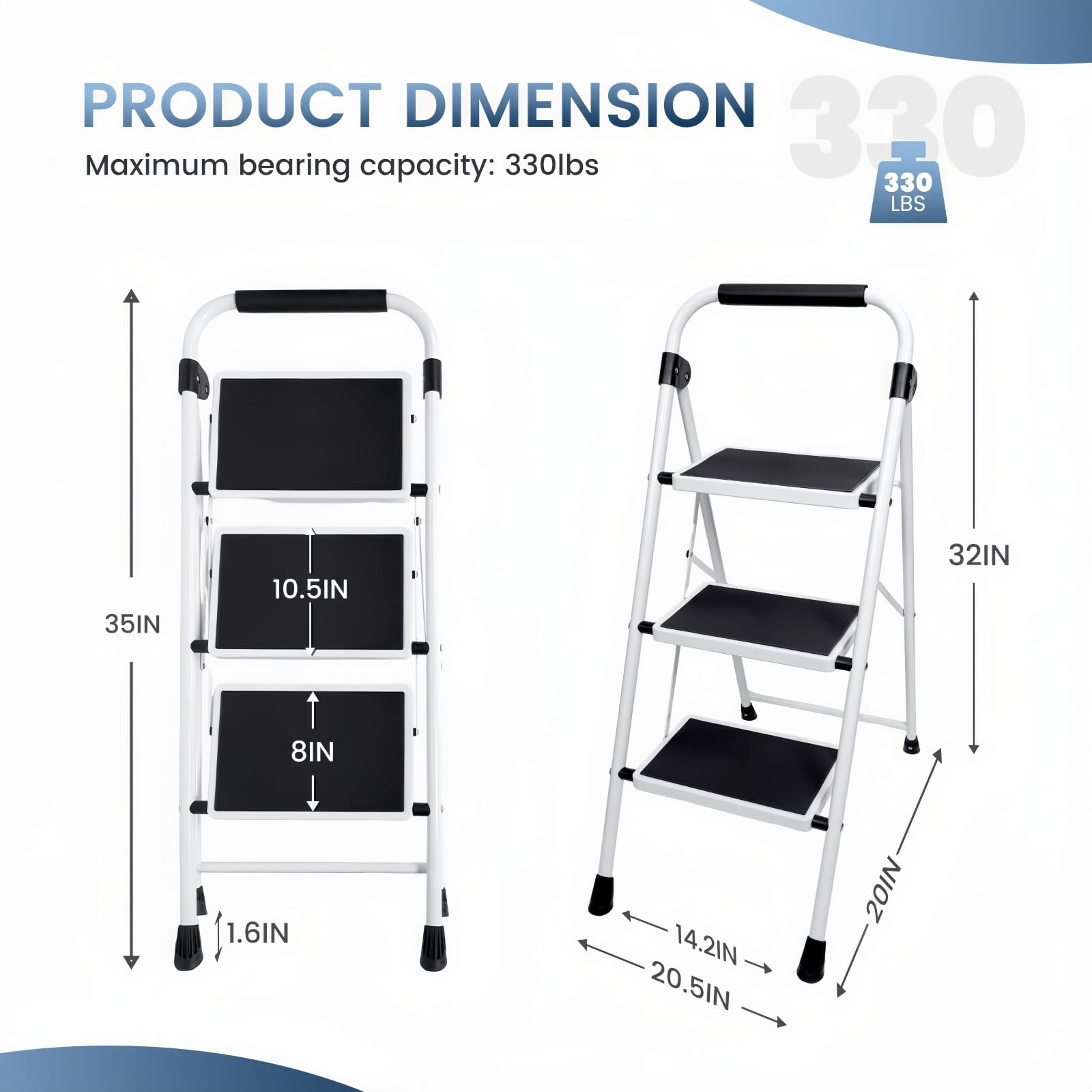 Kelno 3 Step Folding Step Stool 330Lbs Heavy Duty Step Ladder with Anti Slip Pedals Safety Handrail, Black White