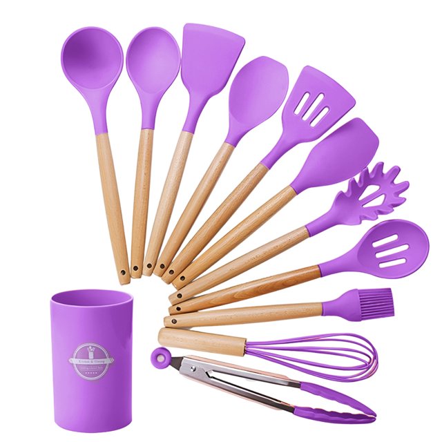Juego de Utensilios de Cocina | Kit 12 Piezas de Cocina | Set de Instrumentos de Silicona | Mango de Madera Resistentes | Herramientas de Cocina Multifuncionales