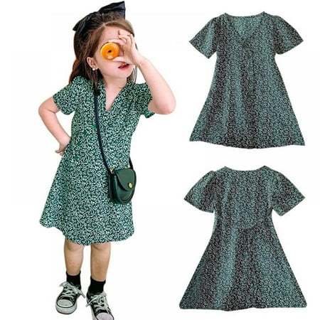 

1-8 T Girl Dresses Green Retro Floral Kids Short-sleeve Sundress Clothes( Toddler Girls & Little Girls) 1-2Years Old
