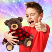 DolliBu Plush Brown Bear with Red Plaid Hoodie - Soft Huggable Wild Life Brown Bear, Adorable Playtime Zoo Brown Bear Plush, Cute Wildlife Cuddle Gift Super Soft Plush Doll Toy For Kids and Adults