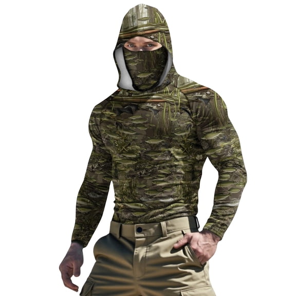 Betivan Mens Crewneck Long Sleeve Shirts UNISEX Summer Casual Camouflage Long Sleeved Hooded Ice Silk Sunscreen Cool Sun Protection Tops With Face Mask Sweatshirt for Weekend Workout Running