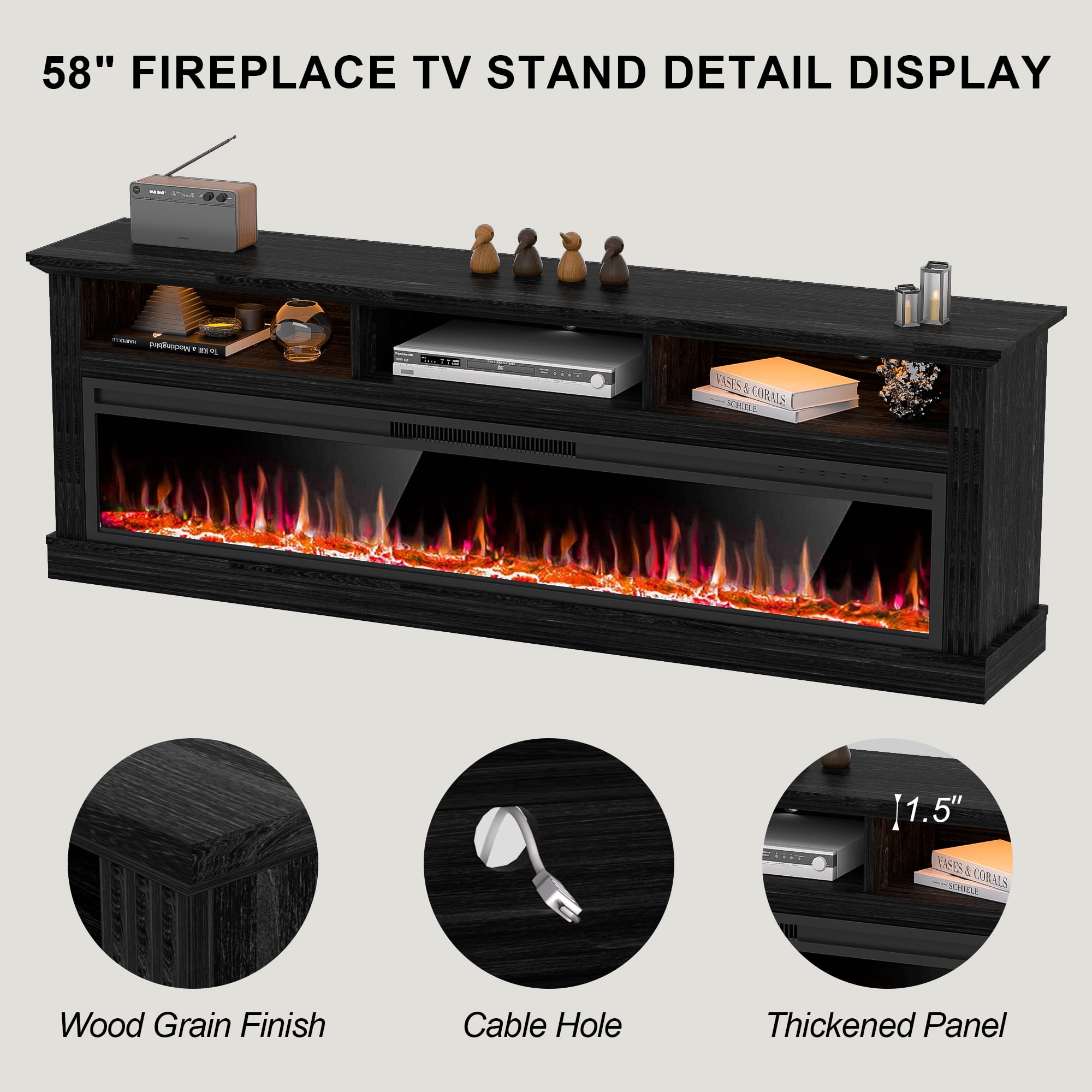 HARIPUL 58" Fireplace TV Stand for TVs Up to 65" with 52" Electric Fireplace,White Entertainment Center with Storage Cabinets,Led Light TV Consoles for Living Room,Black/Log Fireplace
