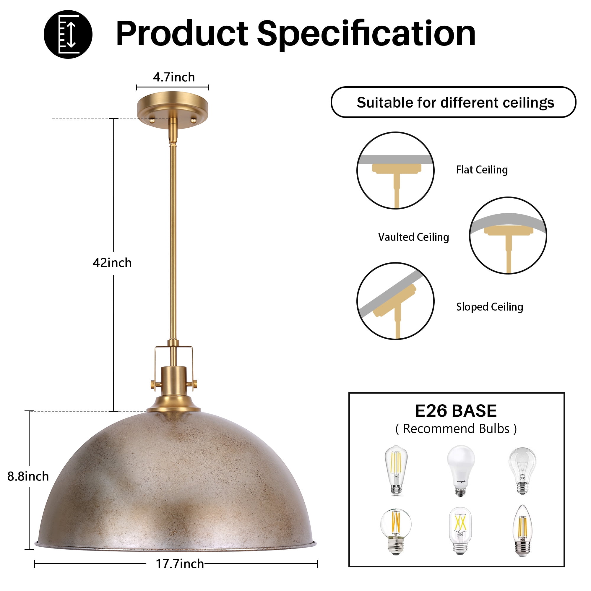 Modern Pendant Light, 18"Farmhouse Pendant Light Industrial Large Dome Antique Silver Chandelier Ceiling Hanging Lighting for Dining Room Kitchen Island Bar Hallway Entryway