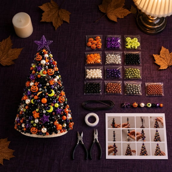 Yaayu 1Pc Halloween DIY Bead Tree Kit, Plastic Pearl Beads for Mini Tabletop Decor, Halloween Decoration Indoor for Mantel Shelf Style A, Multicolor