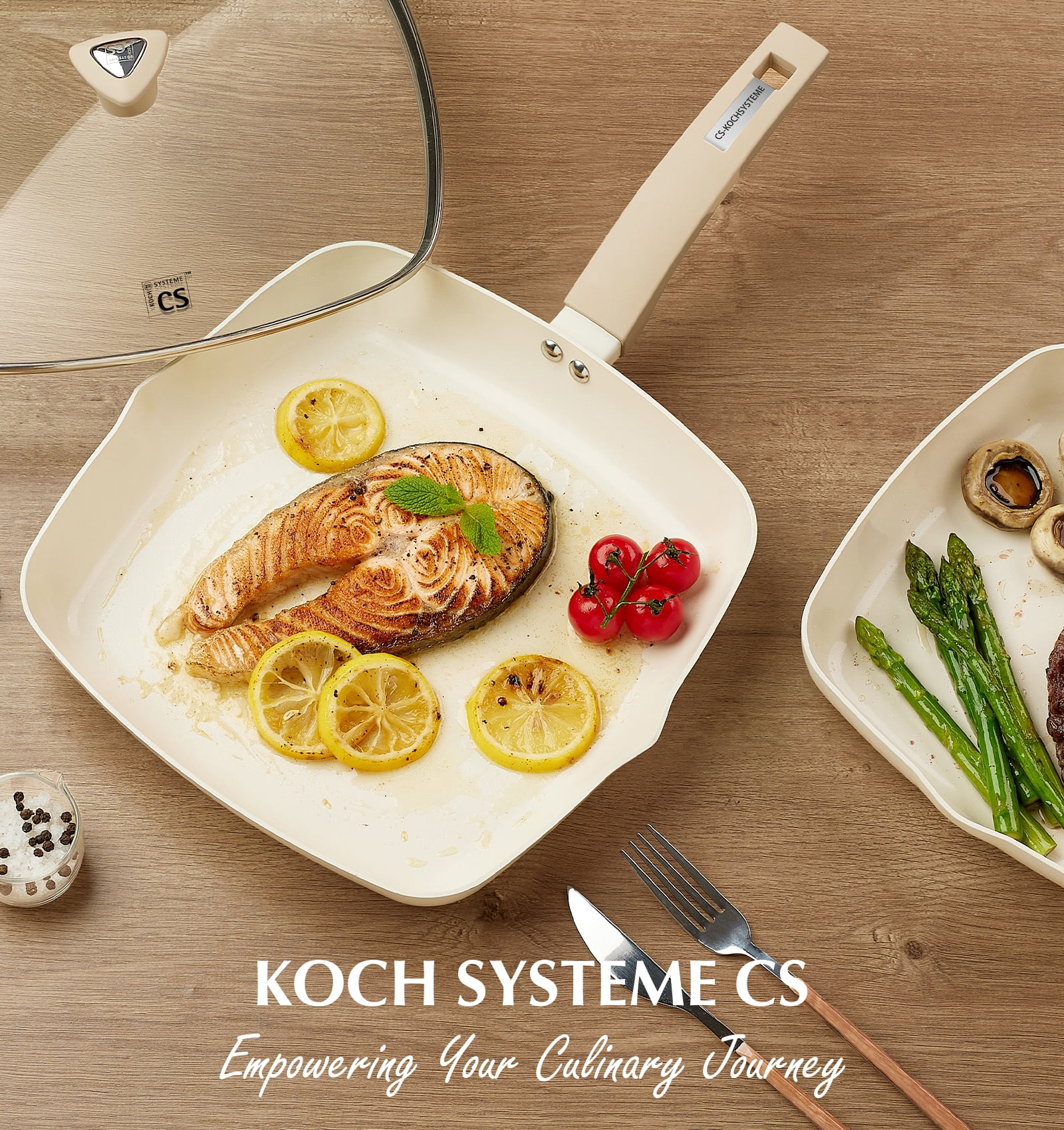 Koch Systeme CS 9.5 inch Nonstick Grill Pan, Easy-Clean Square Skillet with Stay-Cool Handle, Induction Compatible, Creamy White