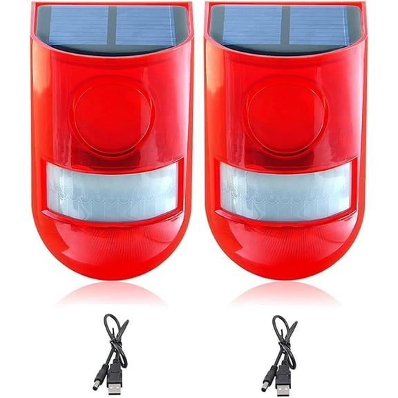 2PCS Motion Sensor Alarm Outdoor，Solar Motion Sound Alarm 6LEDs Strobe Warning, 129dB Sound Security IP65 Waterproof Security Alarm System for Farm,Villa,Home,Yard,Barn Keep Animal Away(Red Red)
