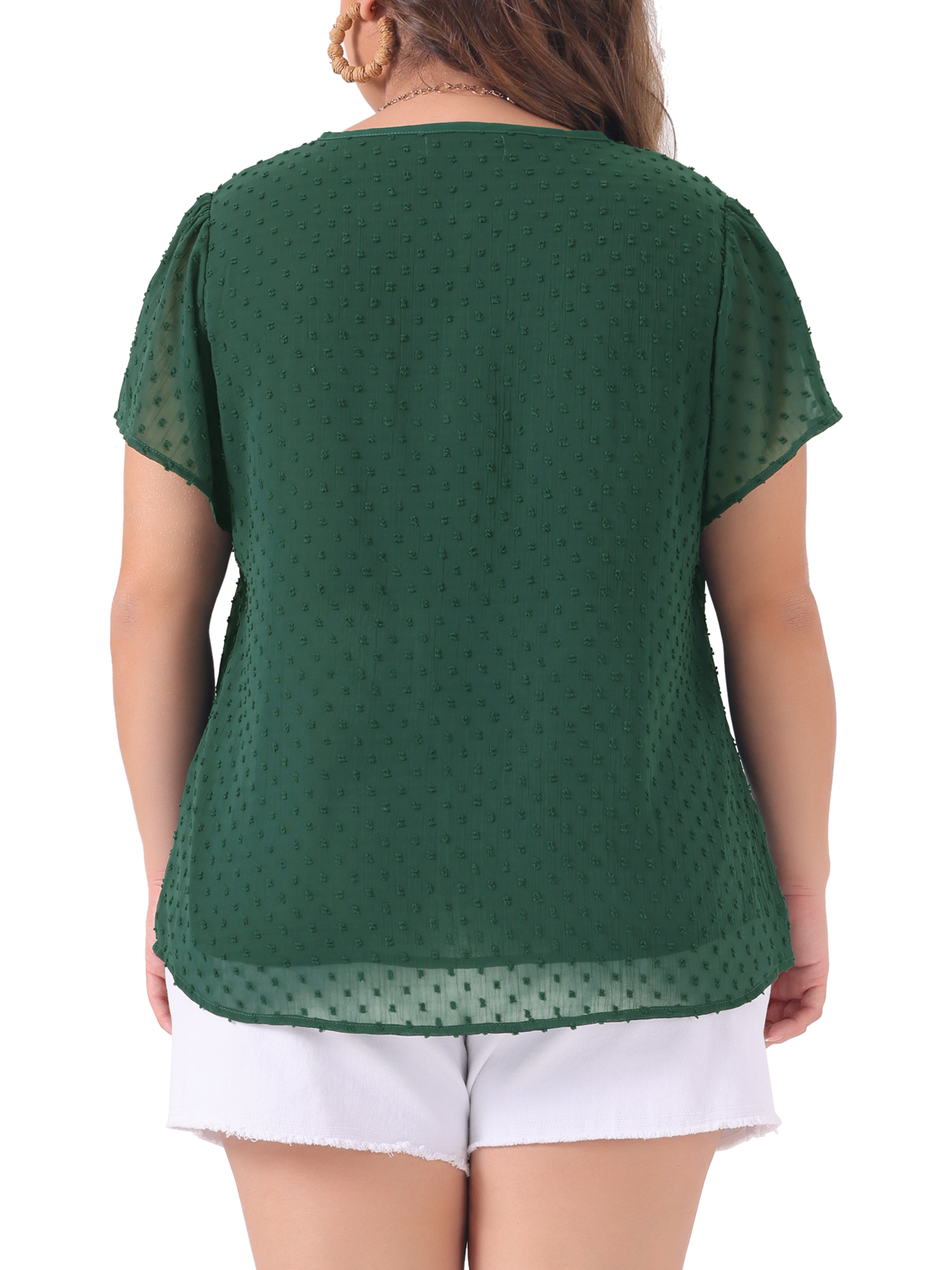 Unique Bargains Women's Plus Size Blouses Pin Dots Smocked Flare Sleeve Top 4X Dark Green