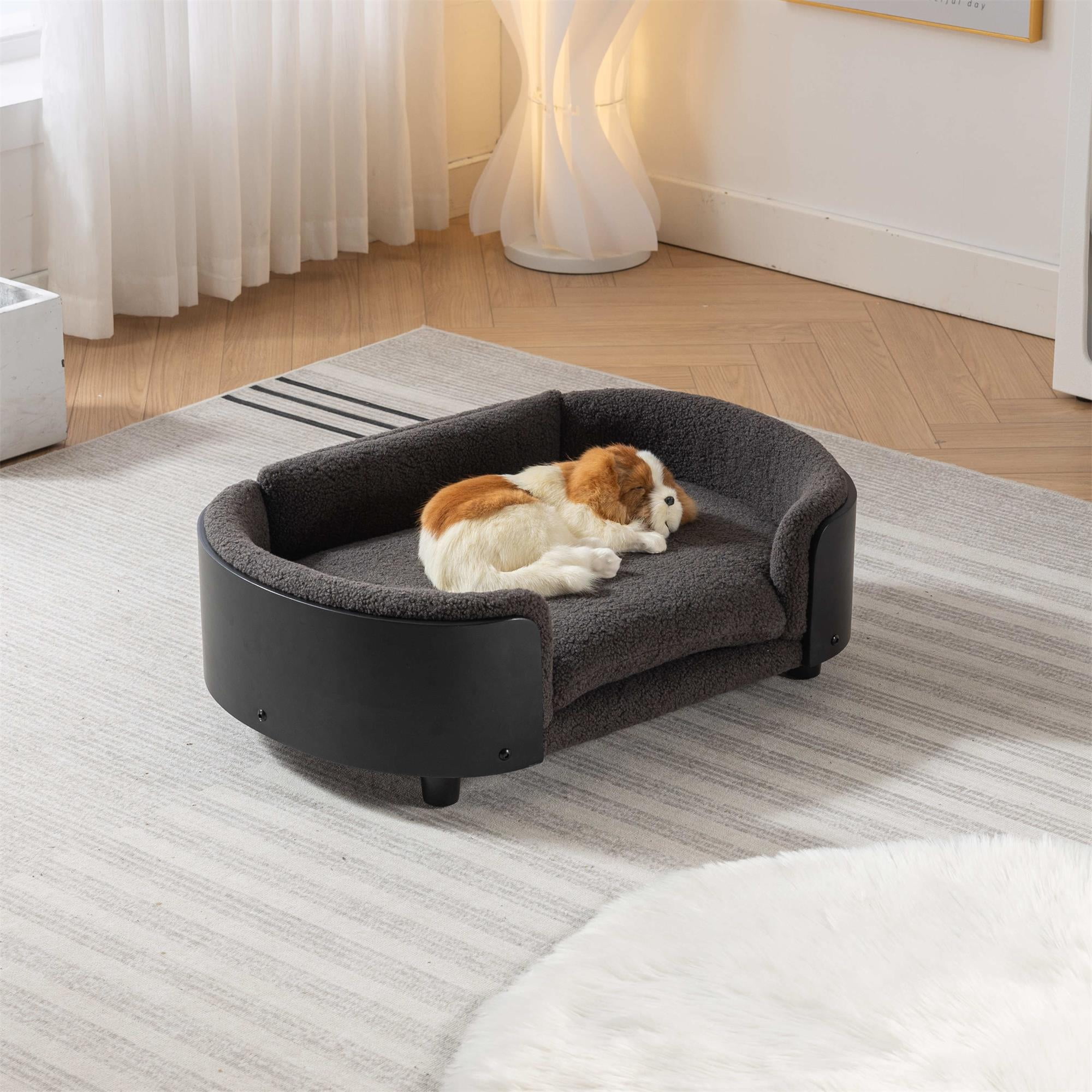 Pefilos 30" Elevated Pet Dog Bed with Solid Wood Legs and Walnut Bent Wood Back, Cashmere Cushion, Pet Sofa for Indoors Dogs, Dark Gray Pefilos 30" Elevated Pet Dog Bed with Solid Wood Legs and Walnut Bent Wood Back, Cashmere Cushion, Pet Sofa for Indoors Dogs, Dark Gray
