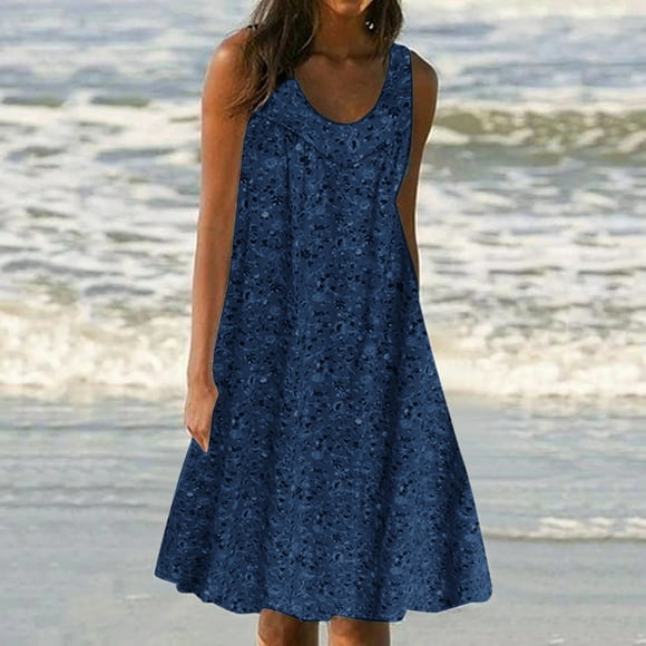 Women's Summer Dress, Flowy Midi Dress with Crew Neck, Sleeveless Loose Fit for Beach and Vacation