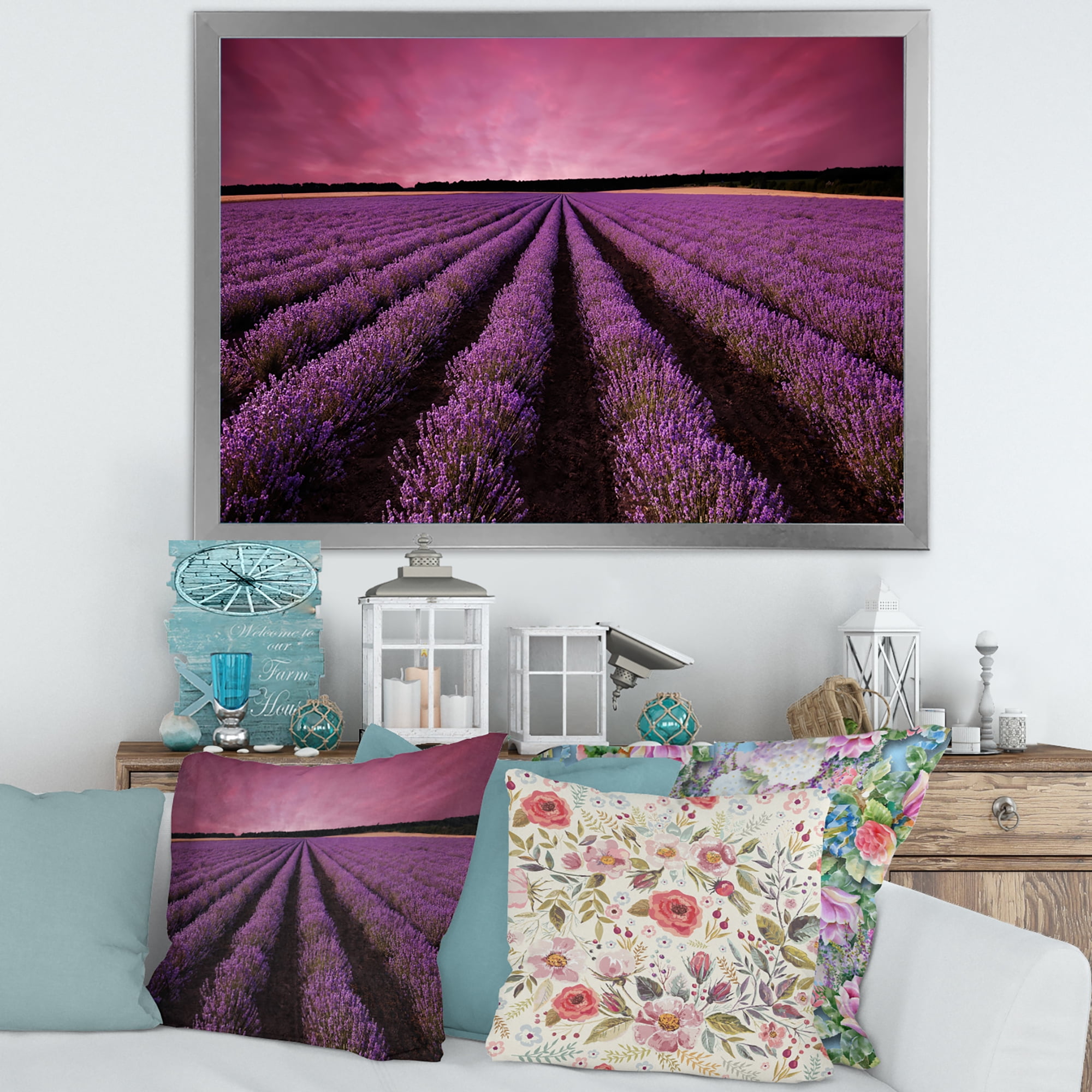 Designart 'Dramatic Clouds and Sunrise Over Lavender Field XI' Farmhouse Framed Art Print