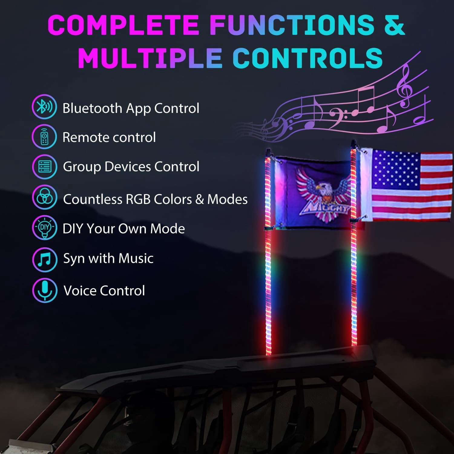 Nilight LED Whip Light 1 PC 3FT COB RGB Lighted Antenna Whips with Spring Base Remote & App Control DIY Chasing Patterns for Can-am Offroad ATV UTV RZR Polaris Dune Buggy 4-Wheeler Truck
