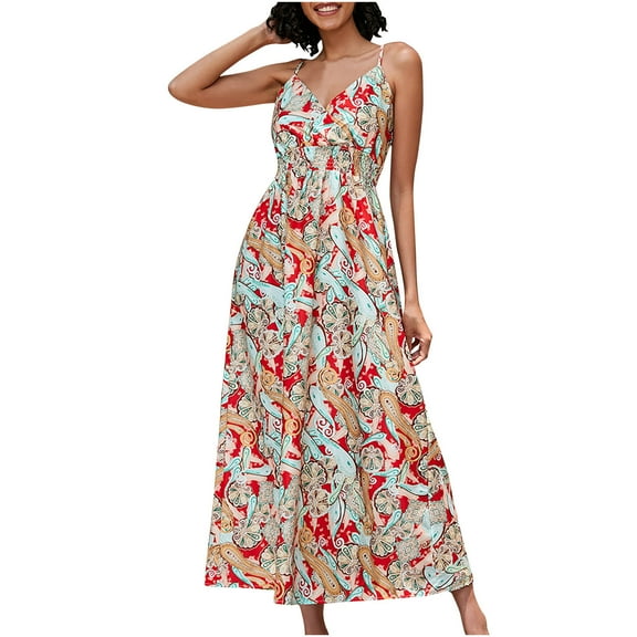 Wycnly Summer Dresses for Women Beach Boho Vintage Floral Elastic Waist Spaghetti Strap Long Dresses 2025 Sleeveless V-Neck Ethnic Style Print Maxi Formal Dress Blue m
