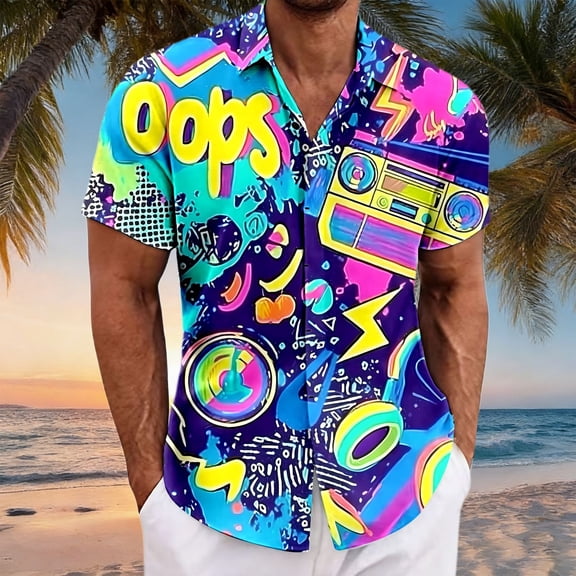 Mens Hawaiian Shirt Short Sleeve Retro Button Lapel Top 80s Music Printed Casual Soft Summer Holiday Seaside Beach Shirts for Men Multicolour XXL