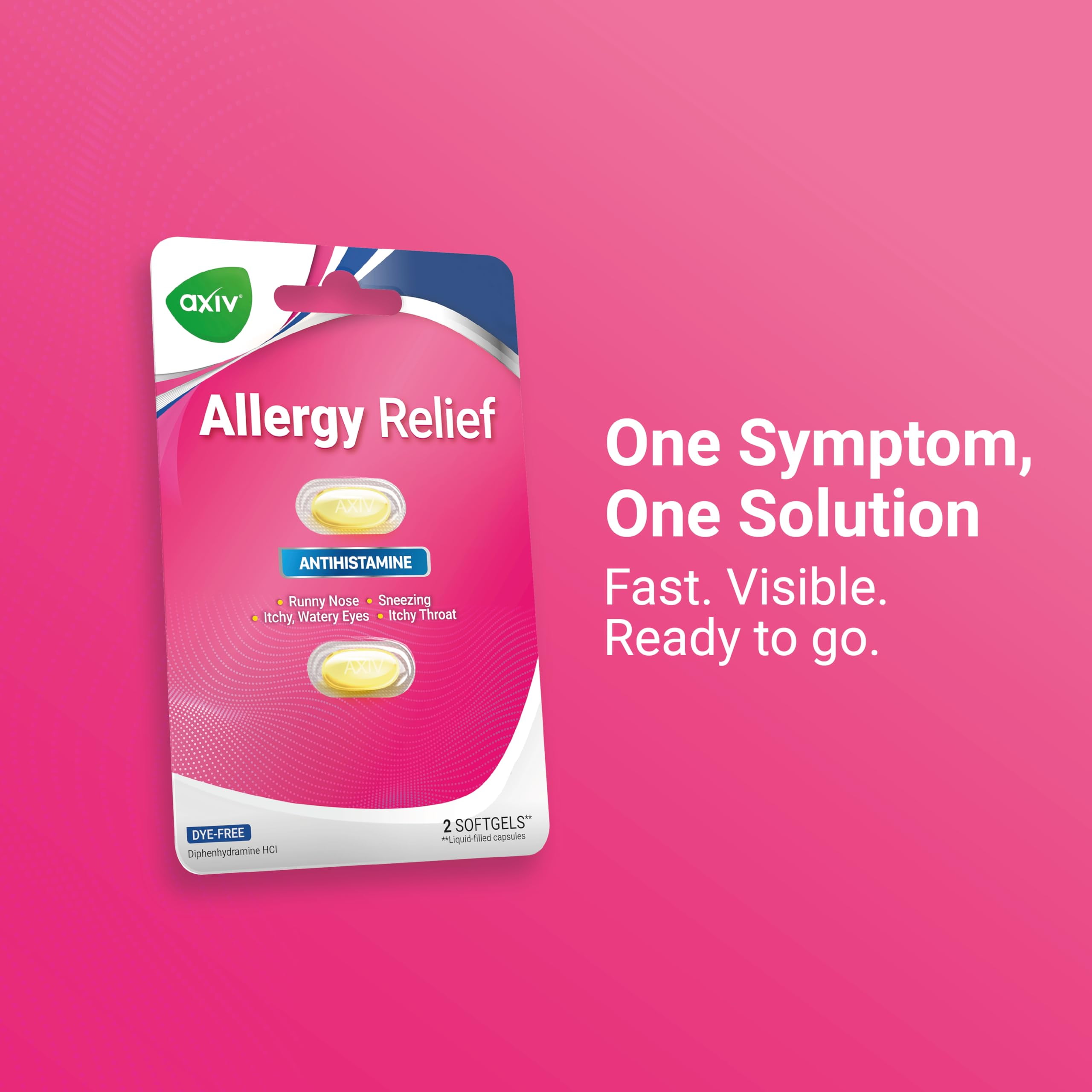 AXIV Allergy Relief Softgels, Antihistamine Medicine & Cold Symptom Relief, Dye-Free Liquid Gels, 25 mg Diphenhydramine HCl, Runny Nose, Sneezing, 25 Blister Packs (2 Softgels Each, 50 Total)