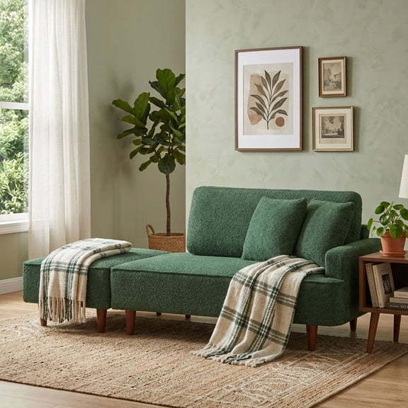 Aukfa 2 in 1 Chaise Lounge Chair with Ottoman & 2 Throw Pillows,Oversized Boucle Lounge Reading Chair for Living Room/Bedroom,Green