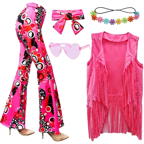5 Pcs 60s 70s Hippie Costume Disco Outfits Fringe Vest Boho Bell Bottoms Peace Accessories Set Halloween for Women
