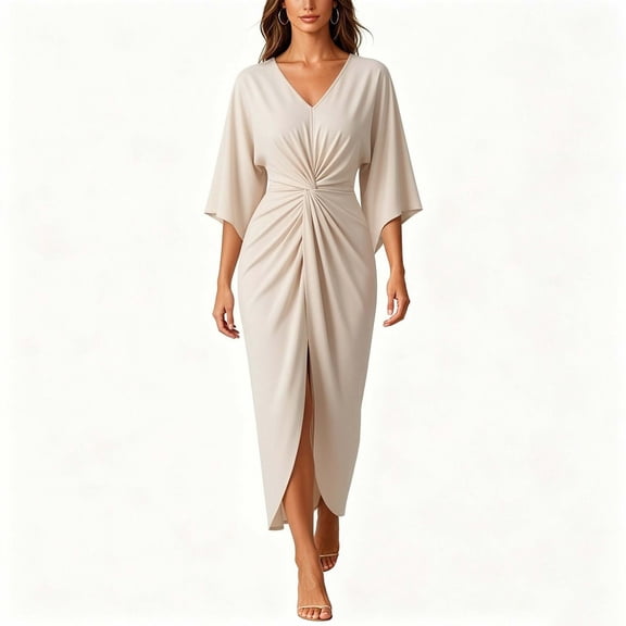 Aimik Women's V-Neck Short Sleeve Twist Front Slit Midi Dress Ruched Bodycon Elegant Evening Cocktail Dress