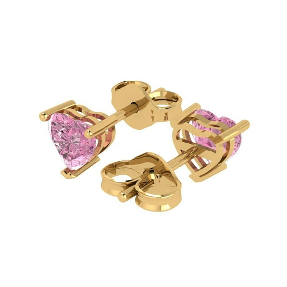 1.5 Ct Heart Cut Studs Pink Crystal 18K Yellow Solid Gold Everyday Dainty Earrings Push Back
