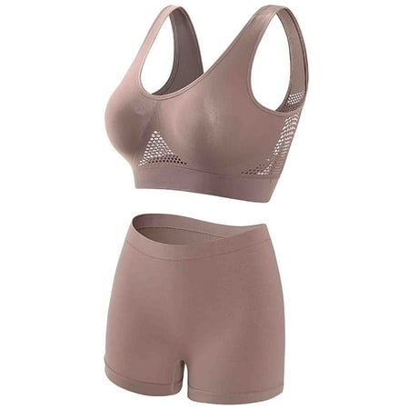 Women s Wireless Gathered Seamless Suspender Solid Color Push Up Breathable Gathered Sports Bras Underwear Panty Set Khaki Xl