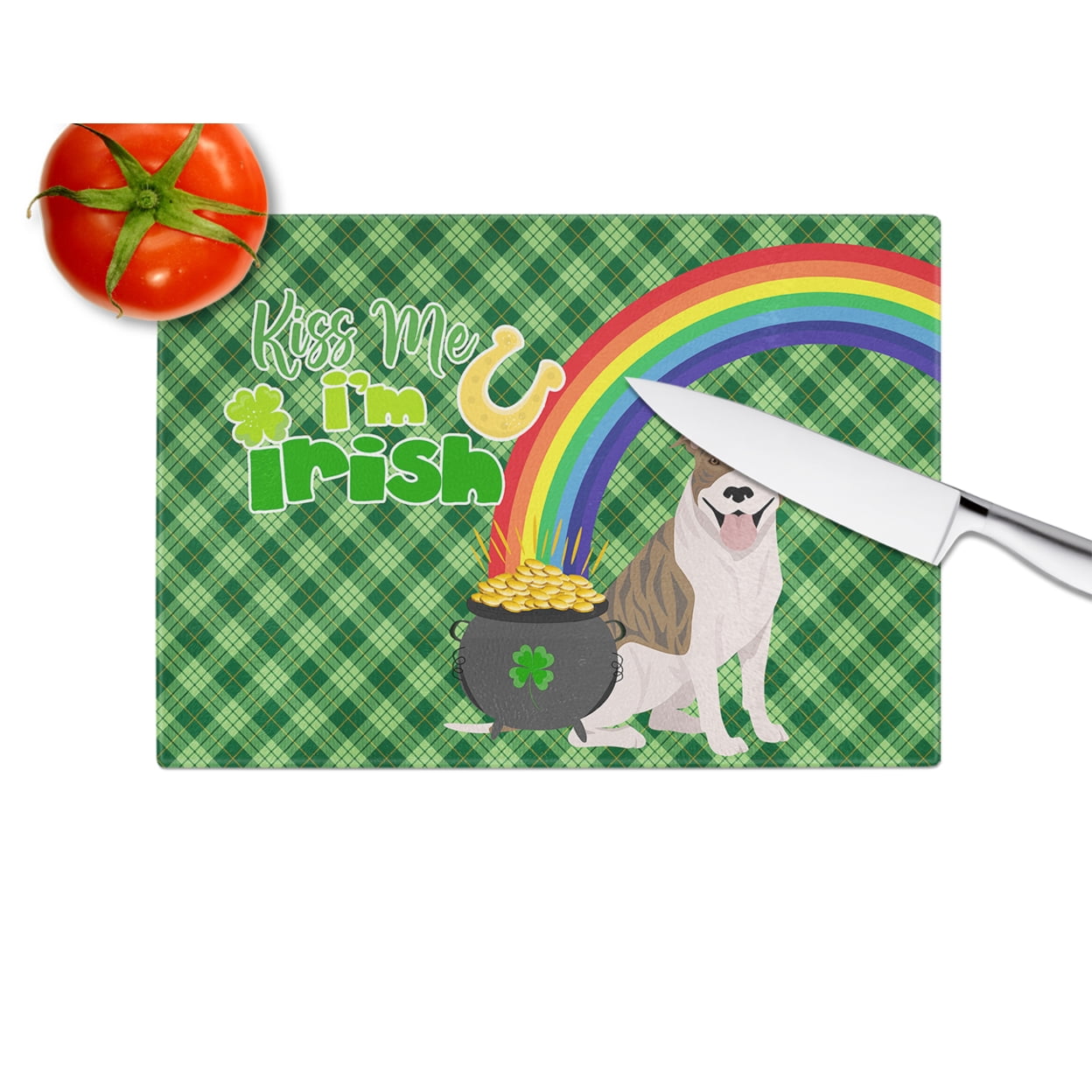 Fawn Brindle Pit Bull Terrier St. Patrick's Day Glass Cutting Board Large 12 in x 15 in