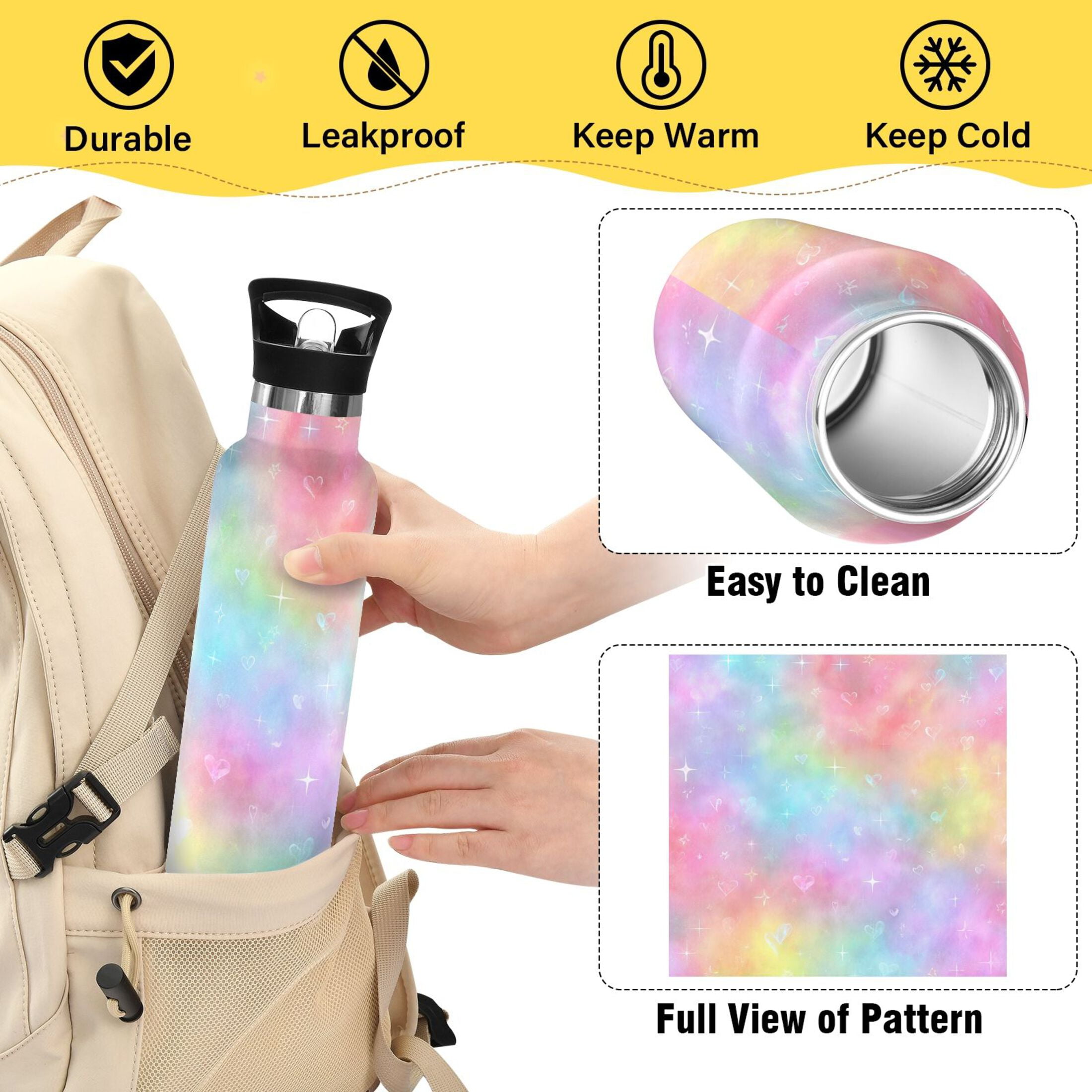 Kids Insulated Stainless Steel Sports Water Bottle 600ml (20oz) Pastel Rainbow Tie-dye
