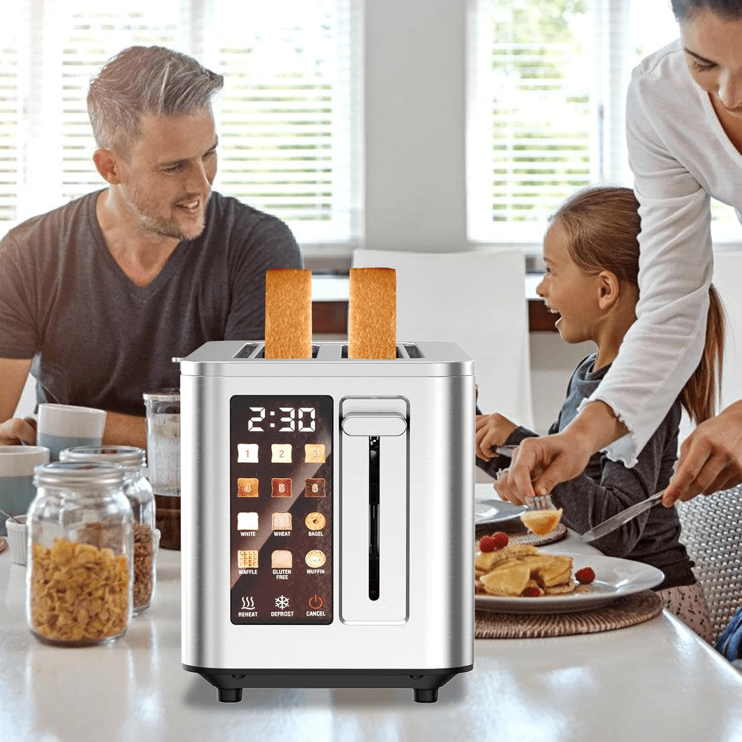 Digital 2 Slice Toaster, Stainless Steel Touchscreen Bread Toaster with LED Countdown Timer, 1.5" Extra Wide Slots, 6 Bread Types & 6 Shade Settings, Defrost/Reheat/Cancel Functions, Silver