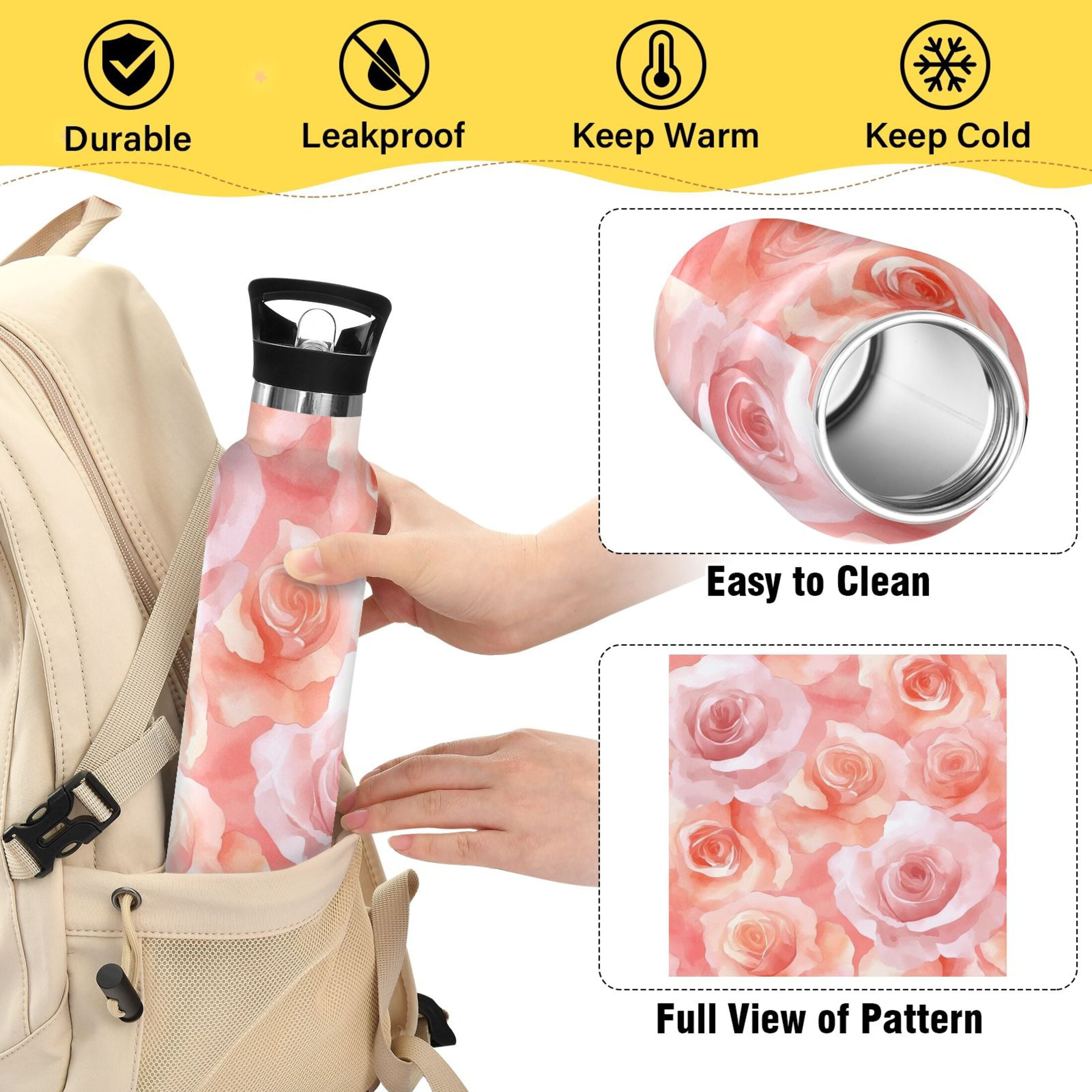 600ML Stainless Steel Insulated Cup Sports Water Bottle Portable Thermos Cup Water Glasses Insulated Tumblers Convenient and Durable Pink Roses