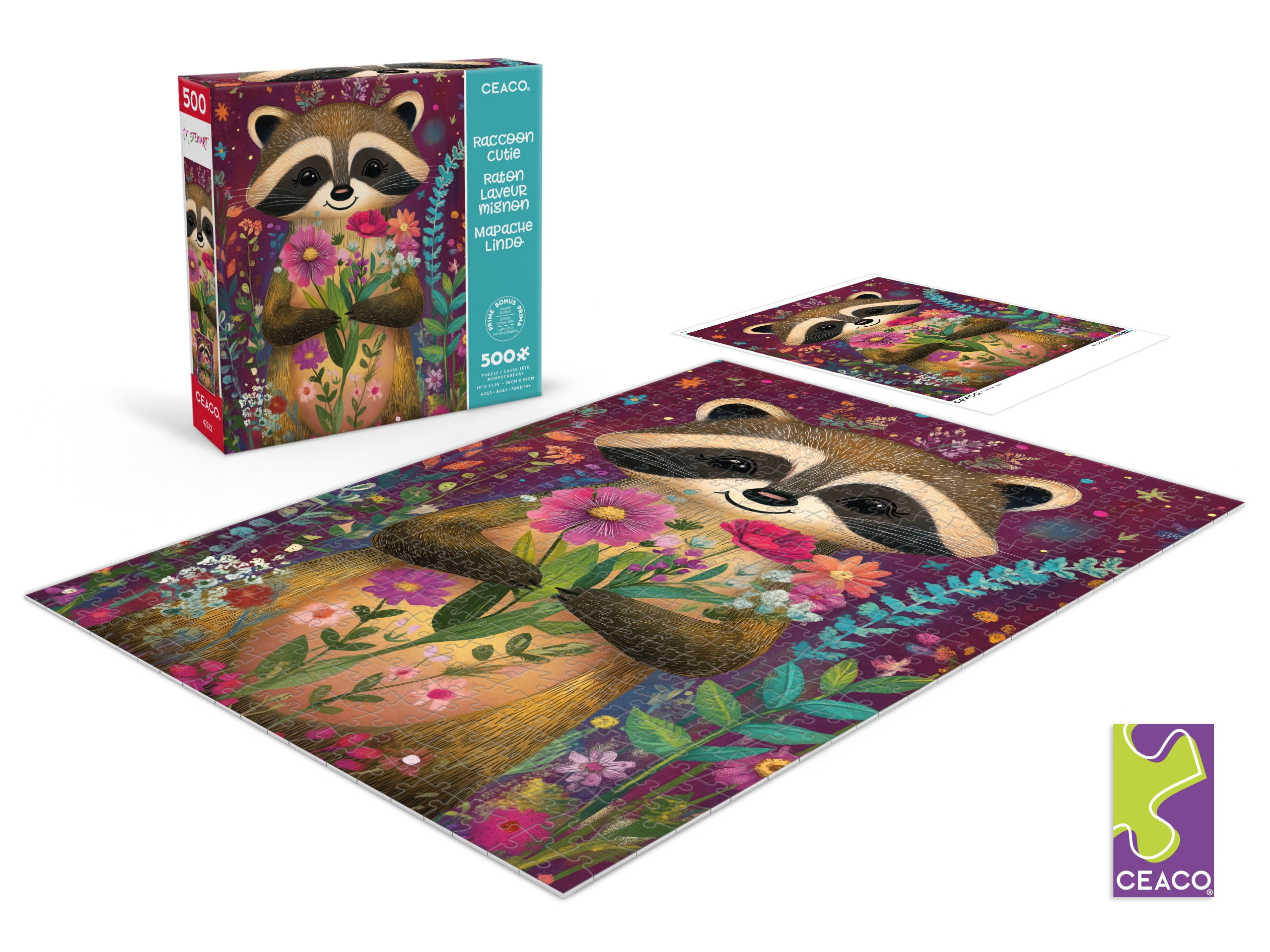 Ceaco JK Stewart Durwaigh Raccoon Cutie 500-Piece Interlocking Jigsaw Puzzle for Children Ages 14+