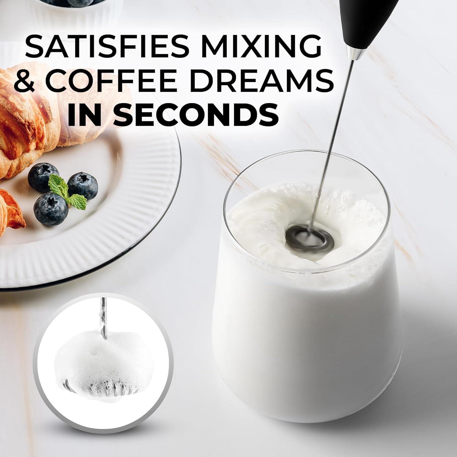 Milk Frother Handheld Electric Whisk – Frother Wand, Durable Drink Mixer, Stainless Steel Whisk, Coffee Frother, Hand Blender, Frother for Protein Powder, Lattes, Matcha & More - Black