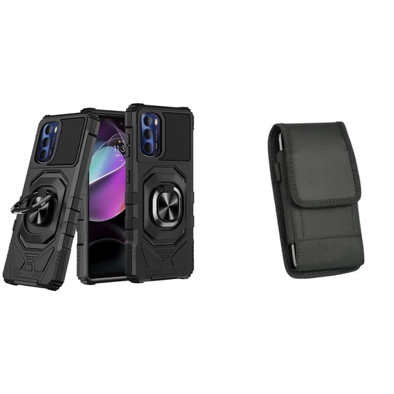 Case with Belt Holster Bundle for Moto G 5G 2022: Heavy Duty Shield Cover (Black) and Vertical Nylon Phone Pouch