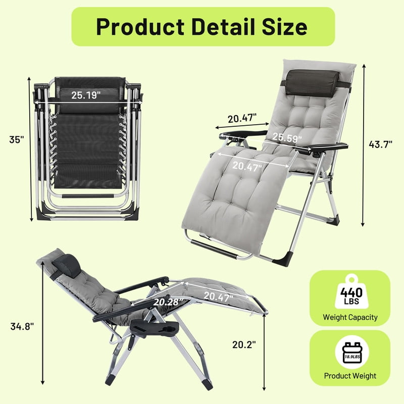 Simenmax Zero Gravity Chair, Heavy-Duty Reclining Lounge Chair with Padded Cushion & Cup Holder, Foldable Patio Recliner for Camping, Beach, and Indoor Relaxation,Gray